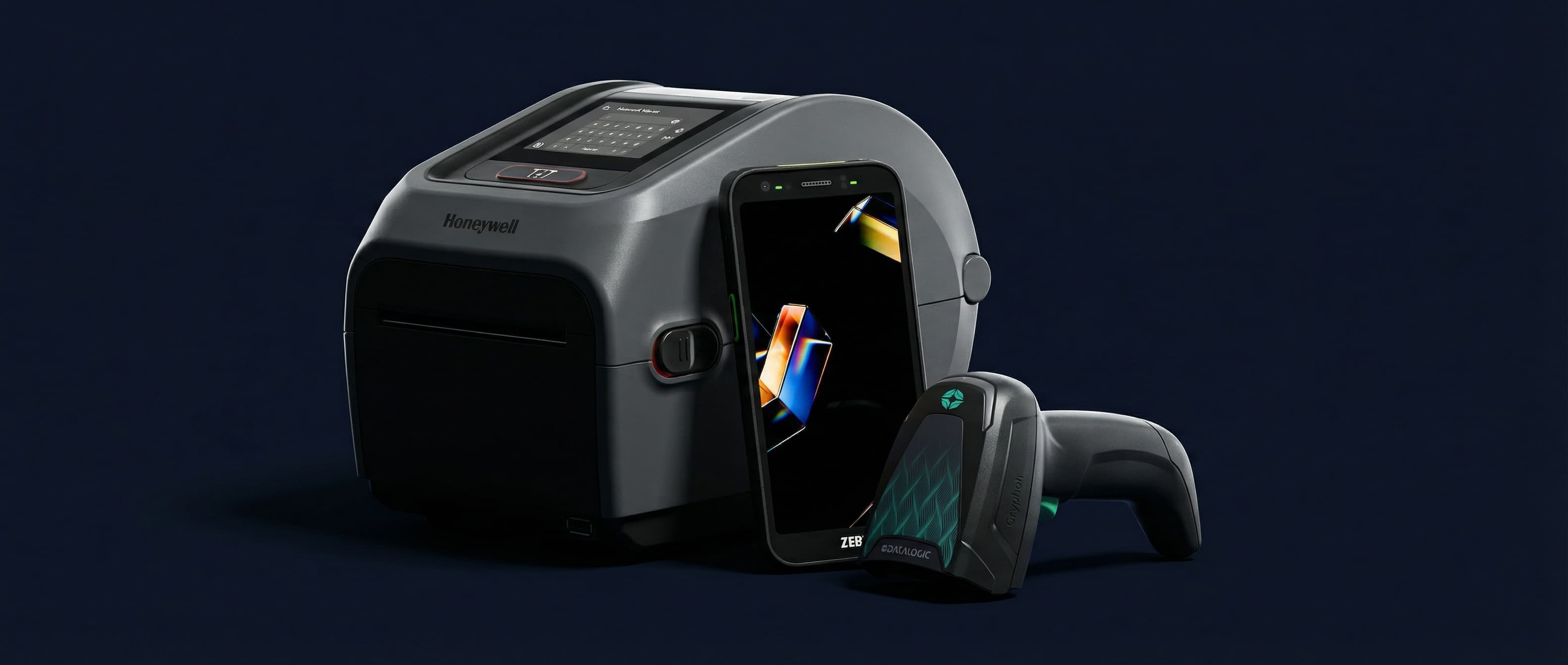 Drukarka etykiet Honeywell, terminal mobilny Zebra i skaner kodów Datalogic