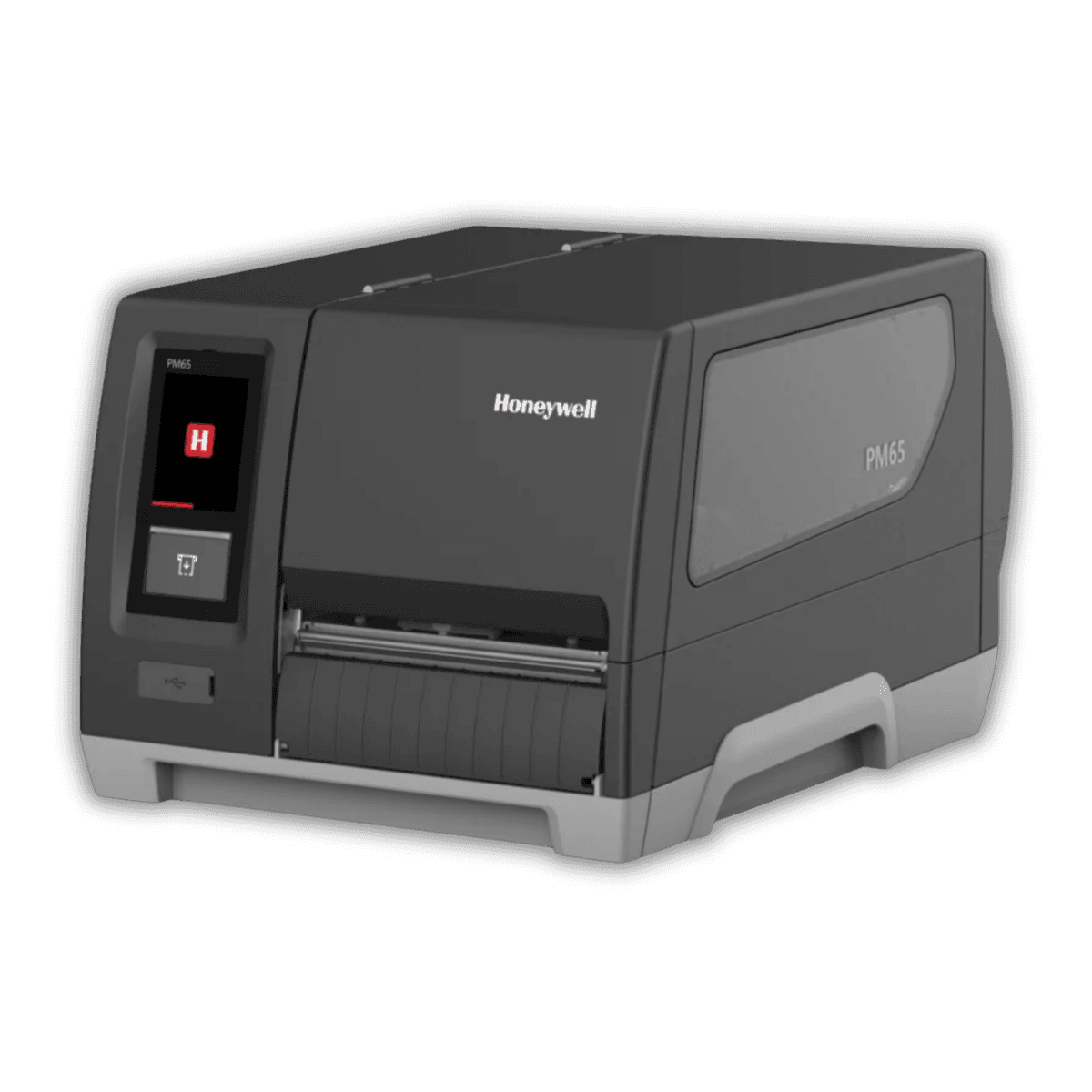 Honeywell PM65 — przemysłowa drukarka etykiet 6-calowa, widok z przodu z ekranem dotykowym i mechanizmem druku