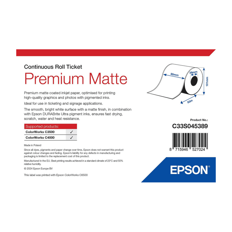 Papier do biletów Epson Premium Matte 80 mm × 50 m (C33S045389), opakowanie rolki