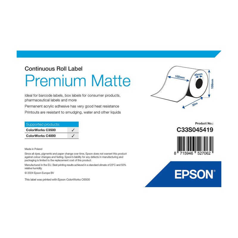 Etykiety ciągłe Epson Premium Matte 102 mm × 35 m (C33S045419), opakowanie rolki
