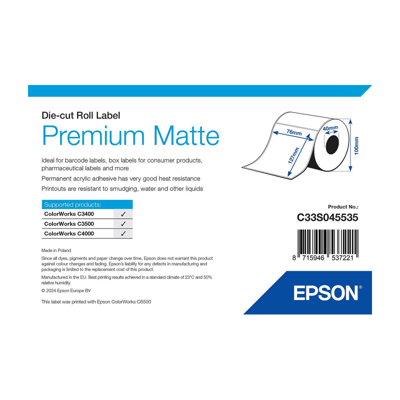 Etykiety Epson Premium Matte 76 × 127 mm, 265 szt. (C33S045535), opakowanie rolki