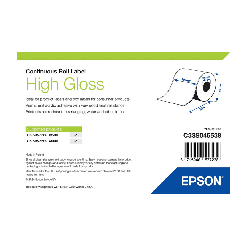 Etykiety ciągłe Epson High Gloss 102 mm × 33 m (C33S045538), opakowanie rolki