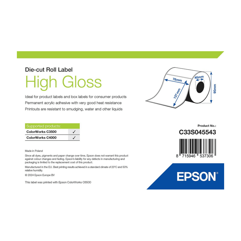 Etykiety Epson High Gloss 76 × 127 mm, 250 szt. (C33S045543), opakowanie rolki