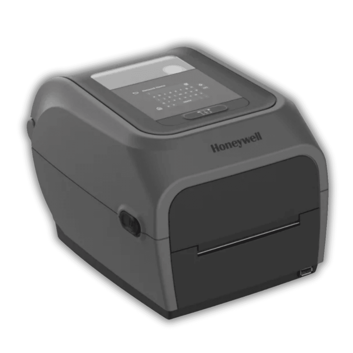 Honeywell PC45t — widok pod kątem z otwartą pokrywą, widoczna komora ribbonu i mediów
