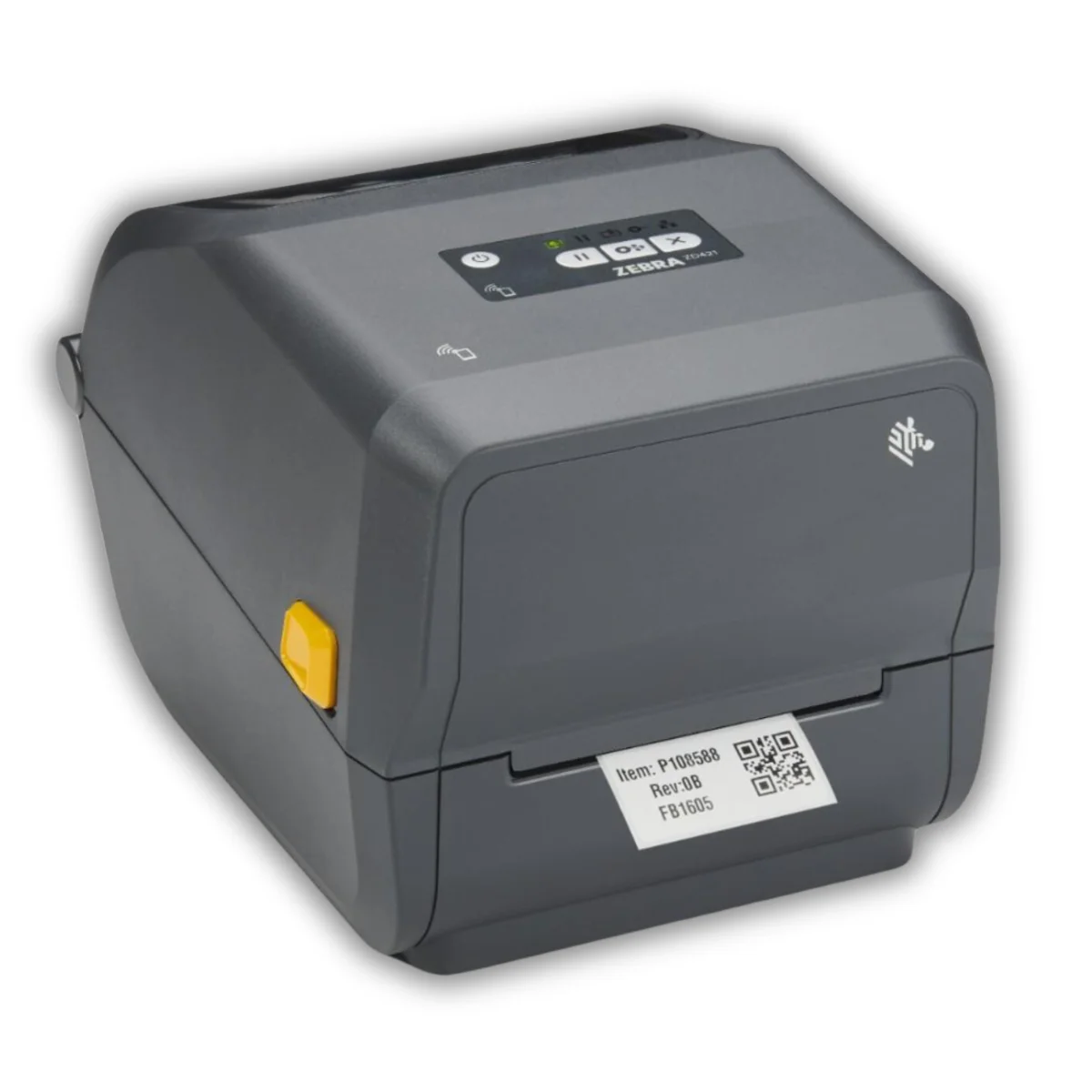 Zebra ZD421t — zamknięta drukarka z wydrukowaną etykietą, widok pod kątem